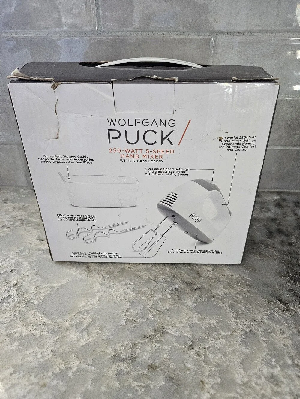 Wolfgang Puck Hand Mixer 250W 5-Speed Beaters & Dough Hooks White Storage Caddy